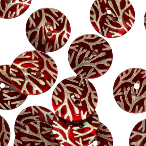Shell Buttons Glossy Red Laser Coral Pattern